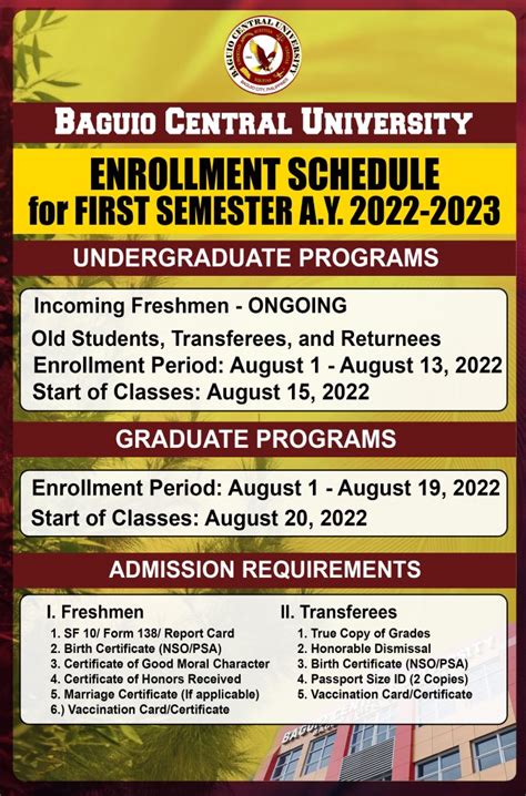 baguio central university admission 2024 2025|Enrollment Schedule for 1st Semester A.Y. 2024.